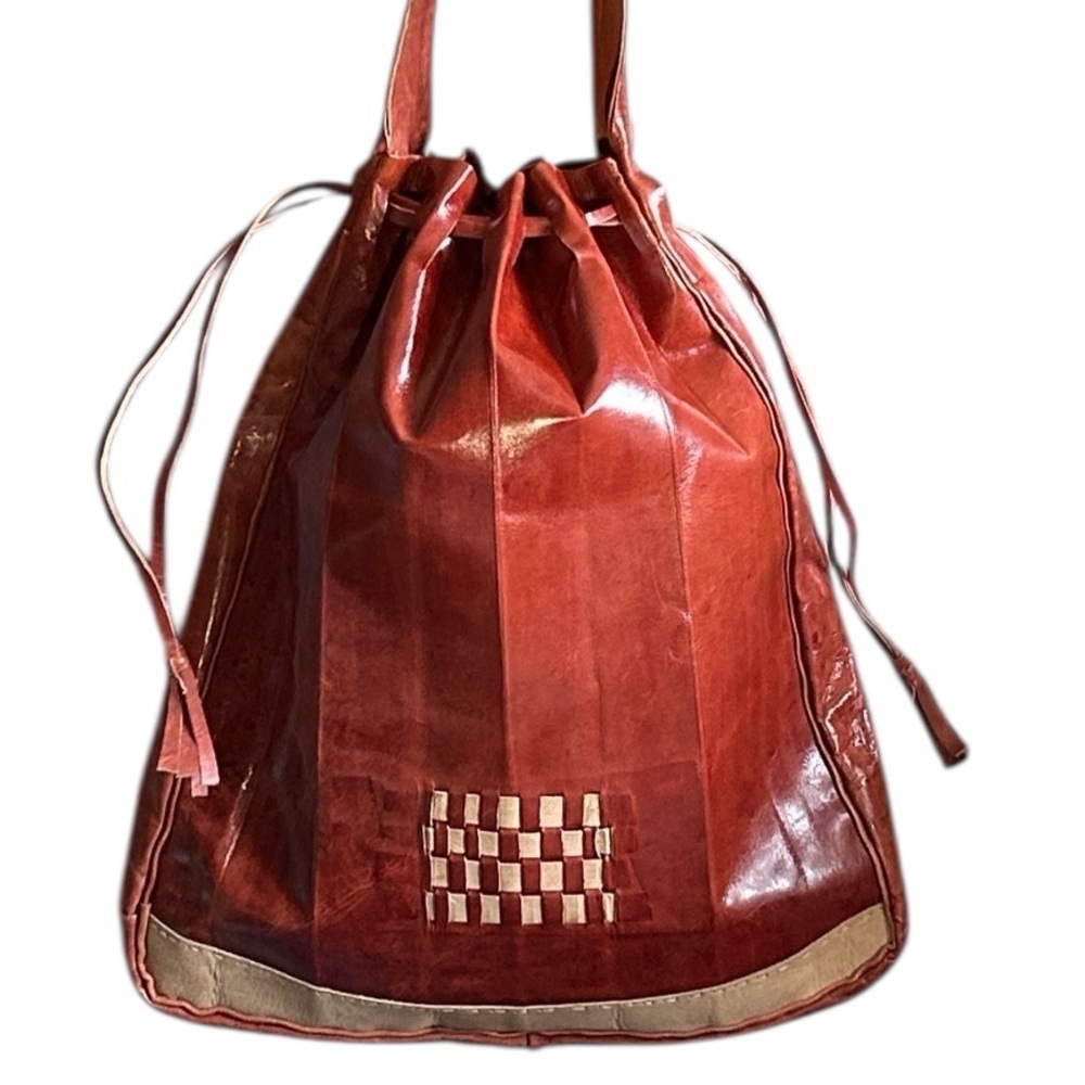 Handcrafted Genuine Cow Leather Tote with Drawstring Closure and Braided Strap